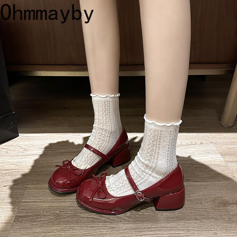 New Spring Autumn Thick Heel Women Mary Jane Shoes Elegant Butterfly-knot Party Dress Ladies Leather Pumps