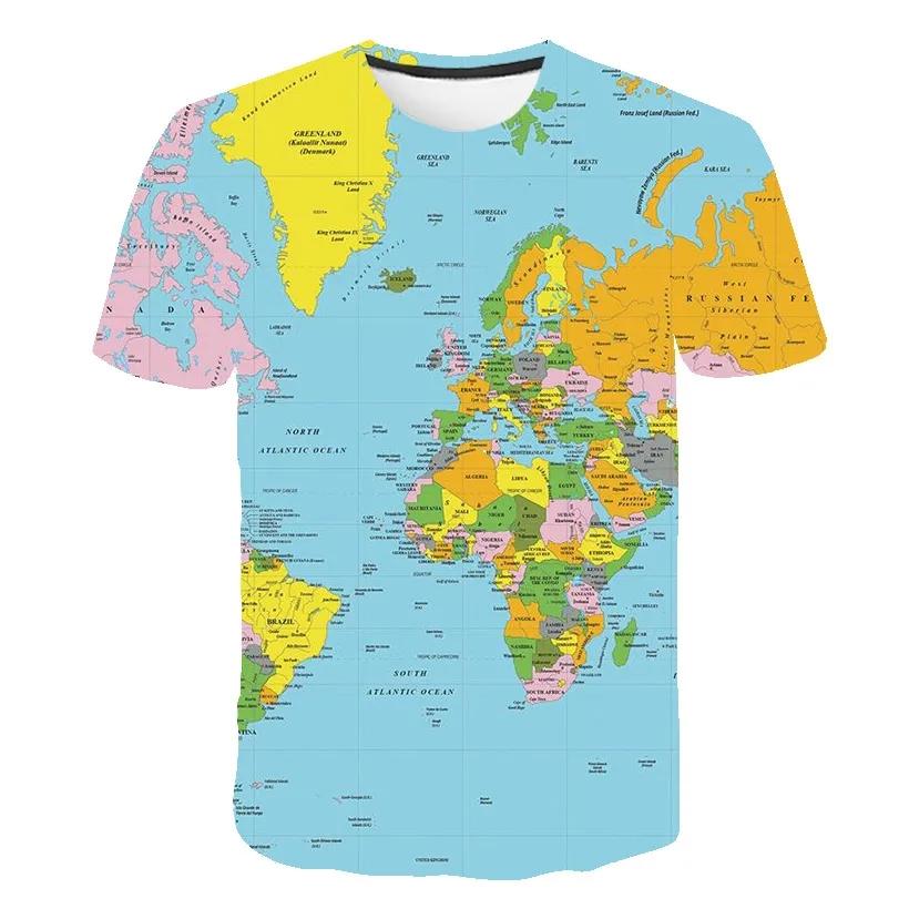 Tricou pentru bărbați cu imprimeu hartă mondială, modă nouă, stil stradal Harajuku, gât rotund, mânecă scurtă, confortabil, top mare