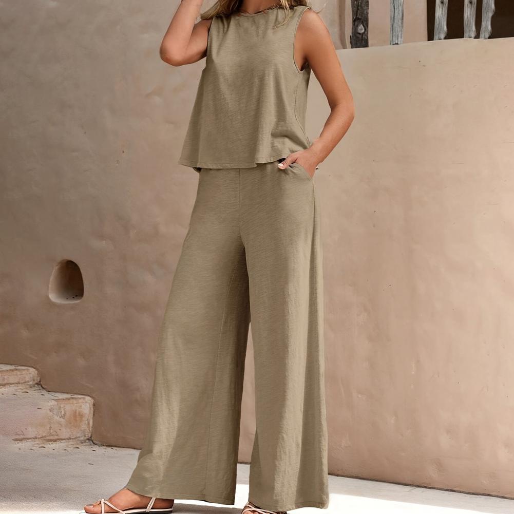 2 Pcs/Set Women Top Pants Set Solid Color Round Neck Sleeveless Loose Vest Wide Leg Side Pockets Trousers Daily Wear Commute Vac