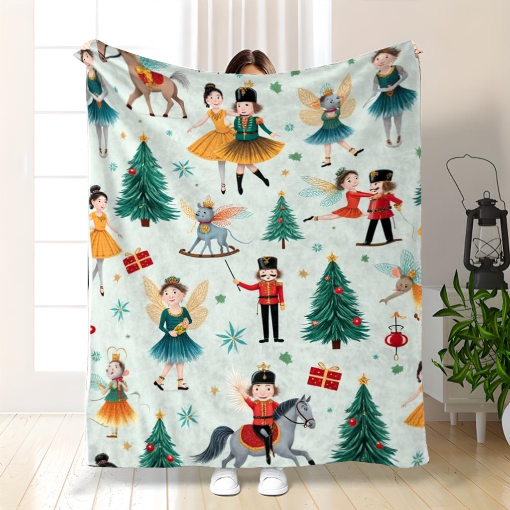 Nutcracker Christmas Blanket Ballet Dancer Toy Soldier Fairy And Tree Design Soft Fleece Throw Cozy Kids Room Decor Gift Idea
