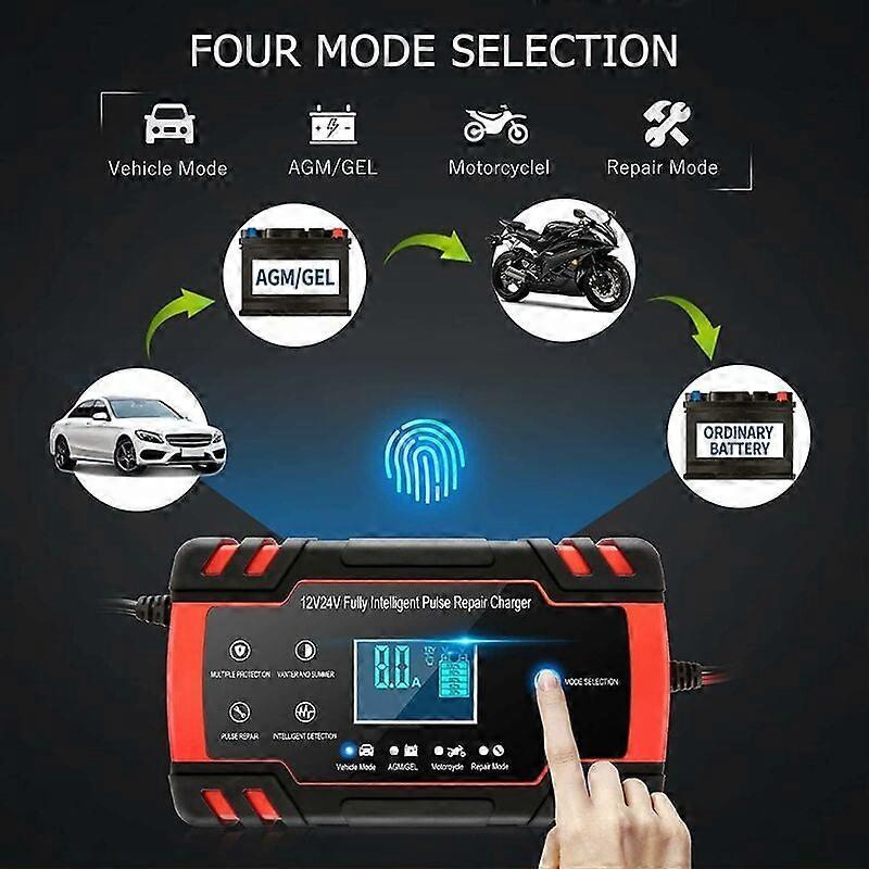 12V/24V 8A Intelligent Battery Charger, Battery Charger Maintainer and Automatic Repair Portable Function with LCD Display, for Car Motorcycle Truck, 