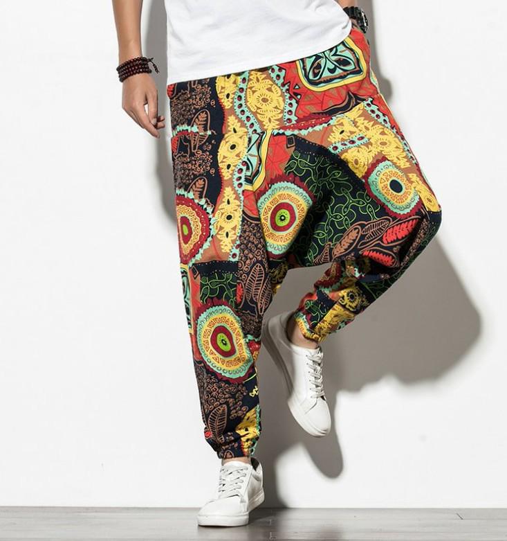 2023 Spring Men's Chinese-Style Cotton Linen Harem Pants - Printed Hip Hop Trousers