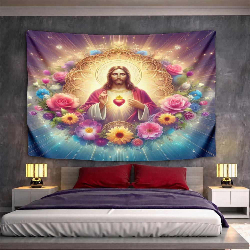 "Jesus Sacred Heart with Floral Halo Design" Pattern Wall Hanging Tapestry Decorative Tapestry Home Decor for Bedroom and Living Room