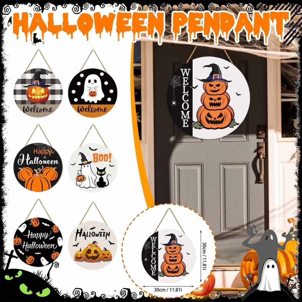 Halloween Door Decoration Halloween Wreath Cute Pumpkin Hanging Welcome Sign Wooden Home Decoration