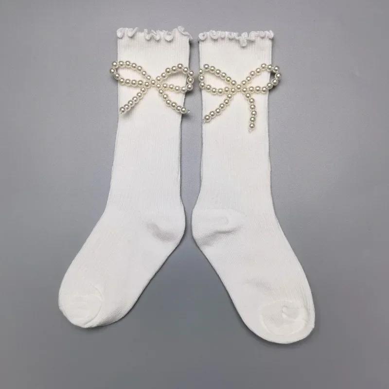 1 Pair Calf Sock for Baby Girls Cute Japanese Pearl Children Girls Over Calf Sock Spring  Autumn Ruffle Princess Lolita Sock