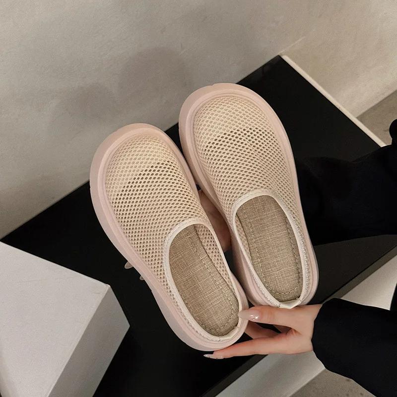 Black Non-slip Platform Female Mesh Breathable Half-toe Slippers Casual Versatile Beach Shoes Slides Women Sandalias 2026