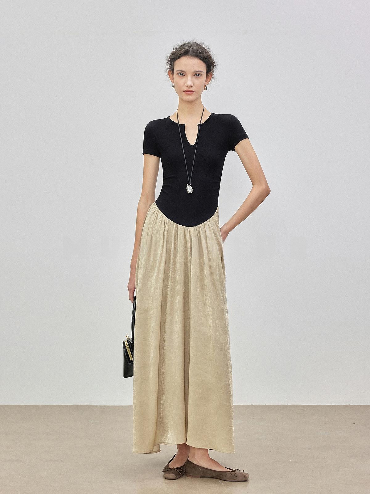 

Gracefully Curved Waistline Patchwork Dress: Slim, Paper-Thin, U-Neck Women s Fashion Small