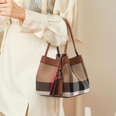 Aidrani New Plaid Design Women's Small Handbag, Made of Canvas and Cowhide Materials, Caramel Color