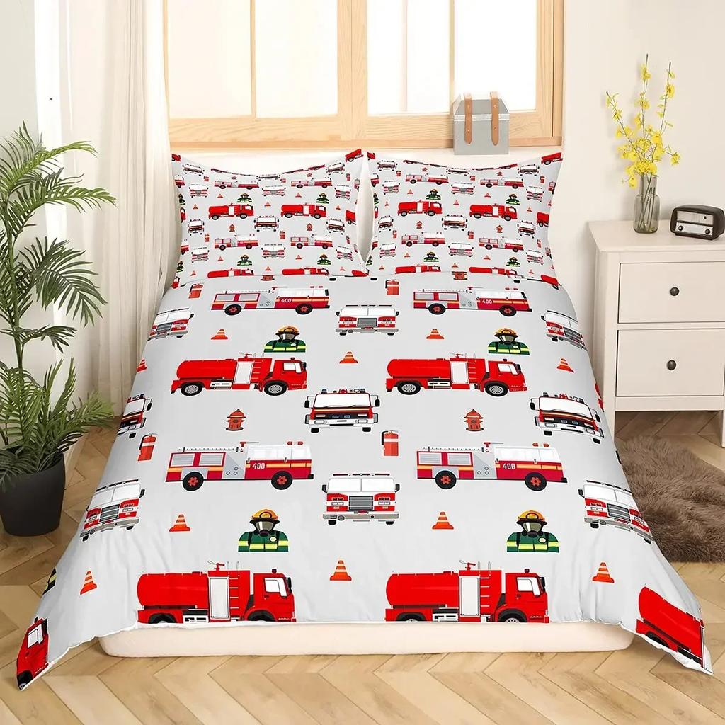 Camion dei Pompieri Rosso Auto dei Pompieri Copripiumino Confortevole Copricuscino Set Biancheria da Letto Decorazione Camera da Letto Bambini Tessile per la Casa