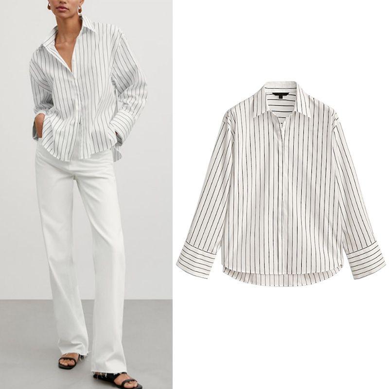 MD New Autumn New Tops Stylish Lapel Long Sleeves Single-Breasted Loose Stripes Shirt 5117846