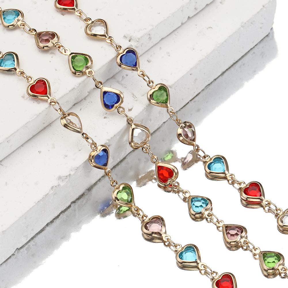 1meter Love Heart Crystal Bead Chains Glass Beads Copper Chain for Necklace Bracelet DIY Jewelry Making Component Supplies