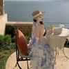 French Vacation Style Iris Mist Blue Neck Chiffon Cake Long Dress Women's V-neck Dress