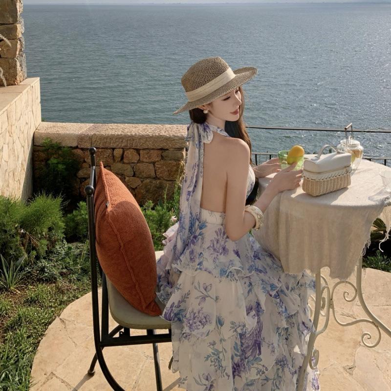 French Vacation Style Iris Mist Blue Neck Chiffon Cake Long Dress Women's V-neck Dress