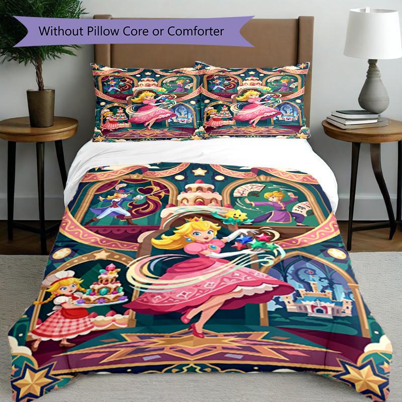 3pcs Duvet Cover Set (1*Duvet Cover + 2*Pillowcase, Without Core), Princess Peach Toadstool Print Bedding Set, Bedroom Decor, All‑Season, Birthday Gif