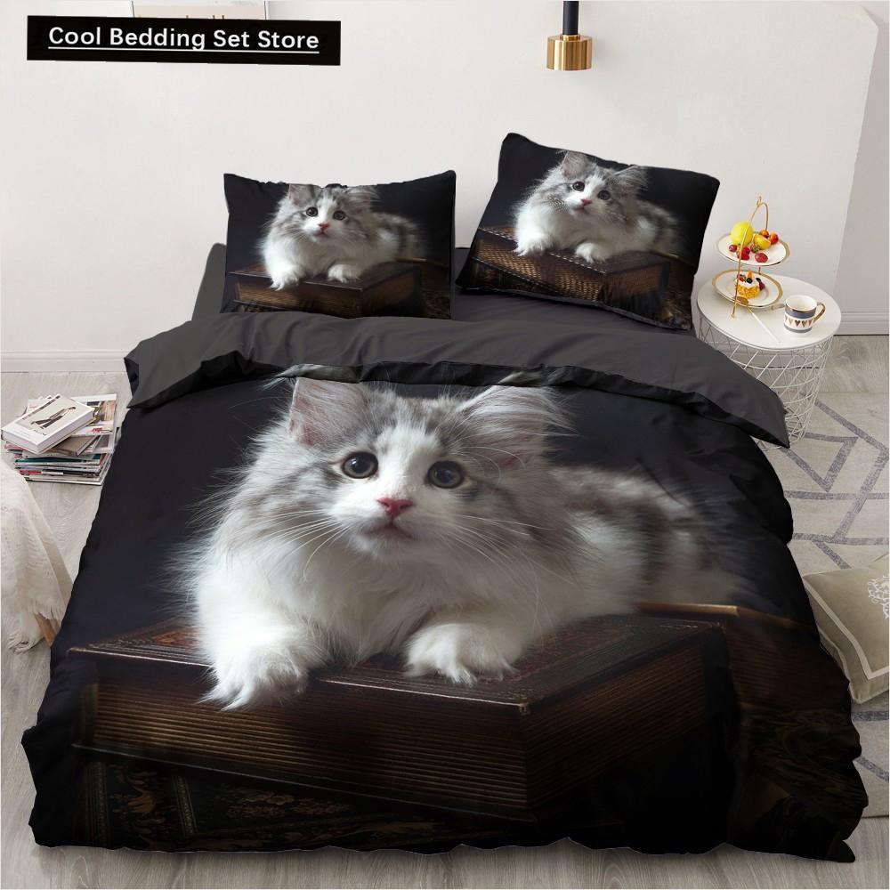 3D Cat King Queen Duvet Cover Lovely Grey White Kitty Bedding Set for Kids Teens Adults Scottish Fold Soft 2/3pcs Quilt Cover