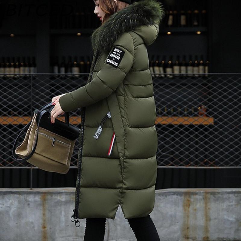 BITCED Autumn/Winter Women's Long-Length Cotton Coat with Hood and Large Fur Collar Down-Filled Cotton-Blend Padded Jacket