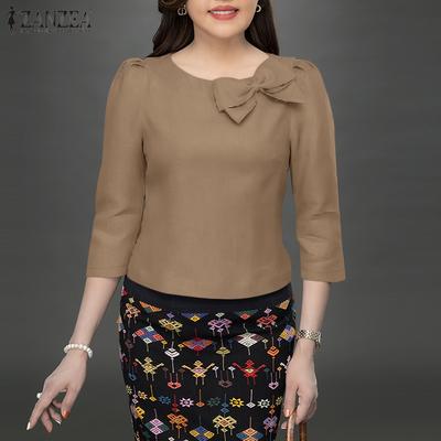 Women Summer Round Neck Bubble 3/4 Sleeve Waist Blouses