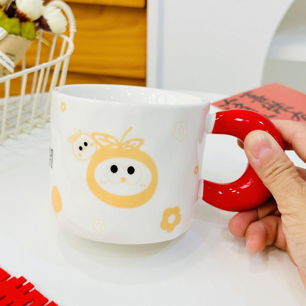 Small Orange with Lid Spoon Red Ceramic Cup Cartoon Cute High Value Mug Household Water Cup Set