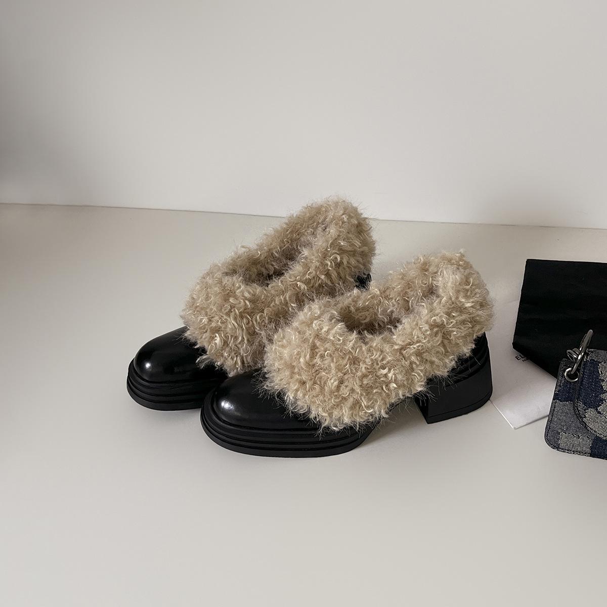 Cowhide version~ Square head velvet Mary Jane single shoes women s 2025 winter new light thick heel sweet small leather shoes 35
