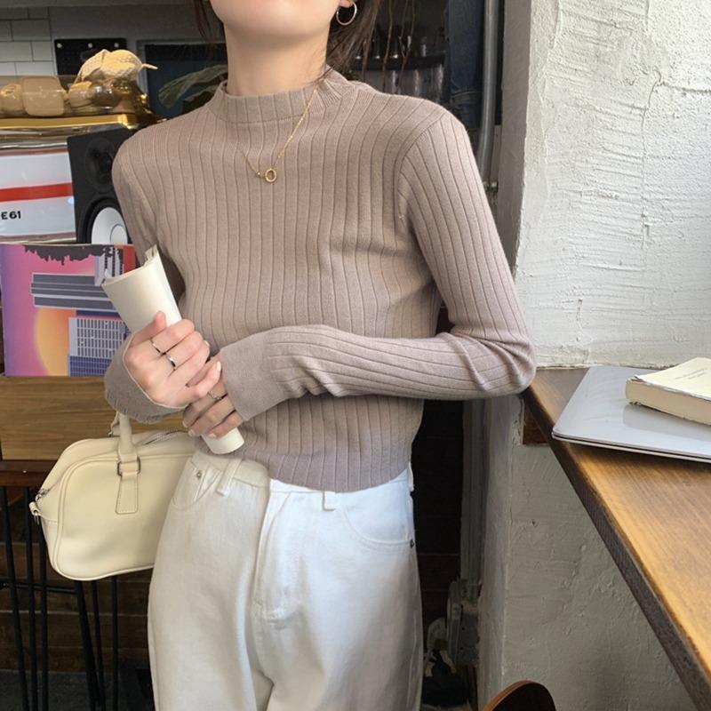 Spring High-end Slim-fit Short Inner Temperament Semi-turtleneck Long-sleeved Knitted Bottoming Shirt Women's Pit Strip Sweater