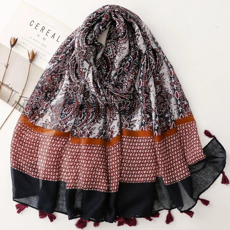 Bohemian Ethnic Style Cotton Linen Texture Scarf Floral Pattern For Travelling Sun Protection Beach Vacation Shawl And Wraps