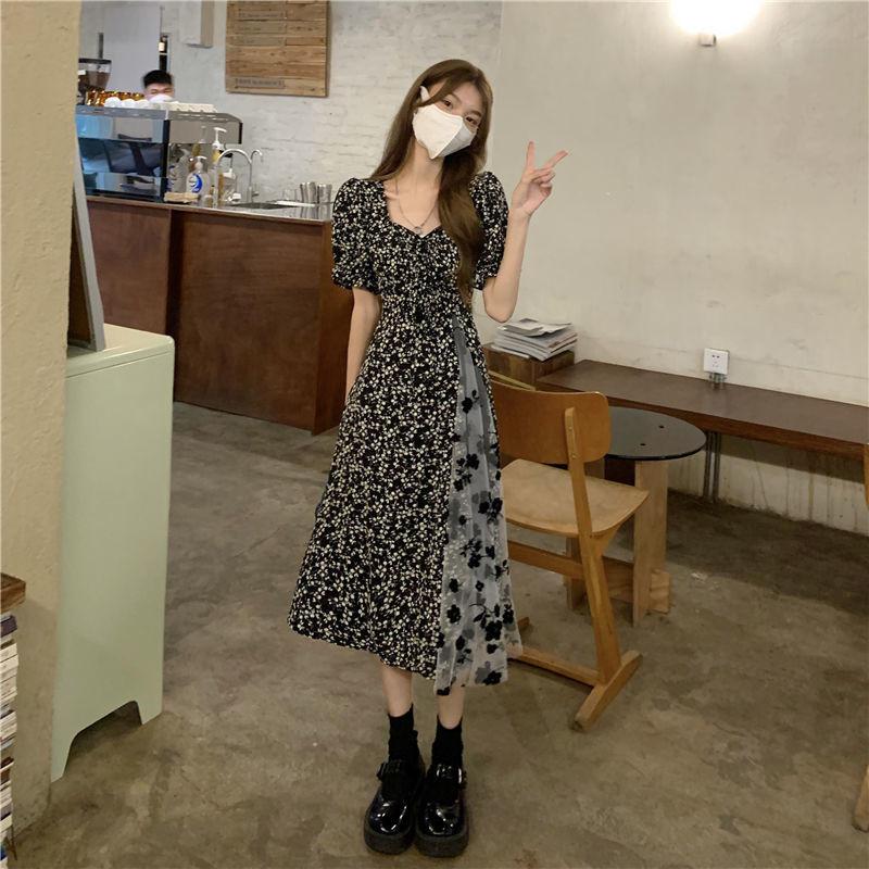 Floral Square Neck Dress For Women With Mesh Patchwork Summer Style