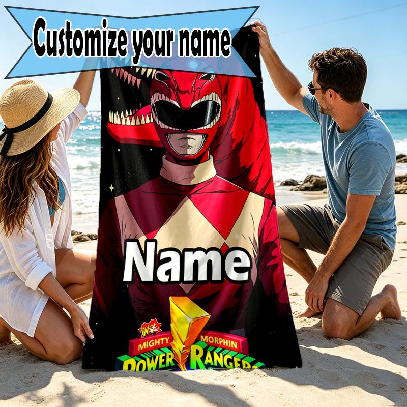 Custom Name Personalized Mighty Morphin Power Rangers Print Beach Towel, for Trip Camping Beach Party Home Decor, Birthday Gift for Family & Friends