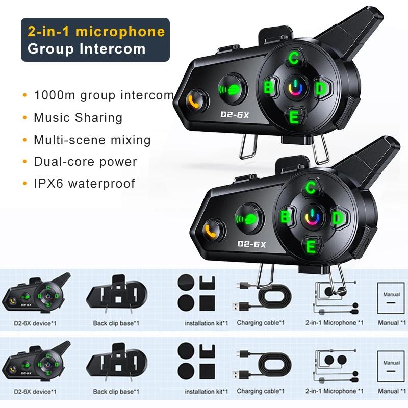 Kebidumei D2-6X Interkom do Kasku Motocyklowego Zestaw Słuchawkowy 1000M Bezprzewodowy Interfon Komunikator dla 6 Użytkowników Udostępnianie Muzyki Wodoodporny