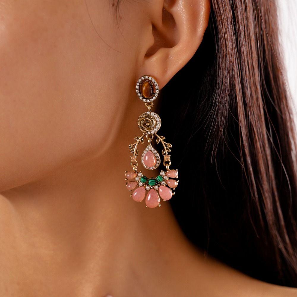 Trendy Flower Necklace Earring Inlaid Rhinestone Clavicle Chain Pink Water Drop Necklace Banquet