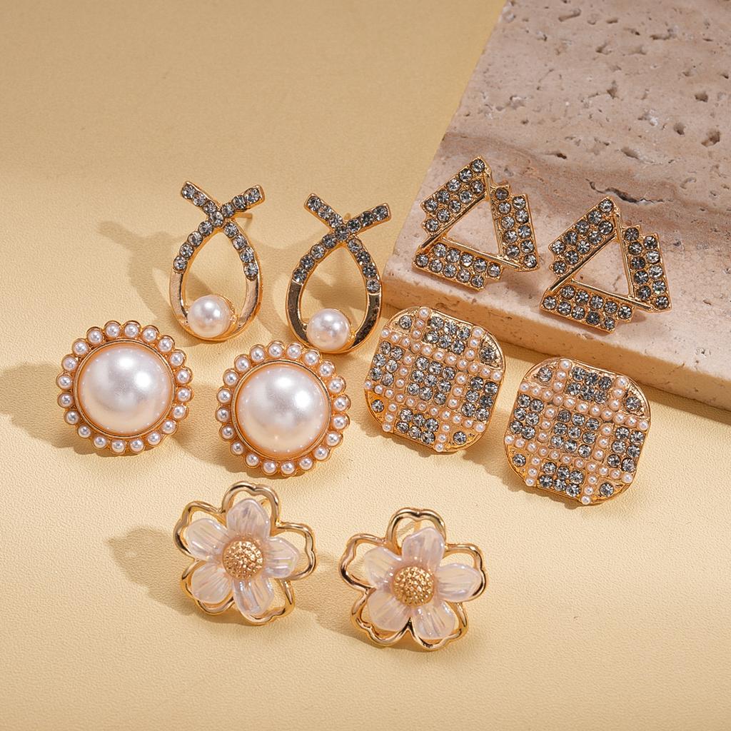 Ten-piece Set of Imitation Pearl Diamond Flower Silver Needle Earrings Exquisite Elegant Retro Earrings