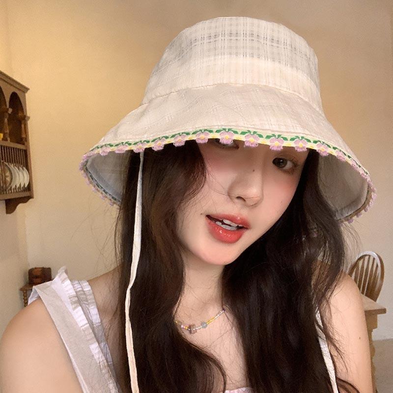 Sweet and cute lace blue bucket hat women's spring summer sunshade sunscreen basin hat outdoor big brim climbing hat tide