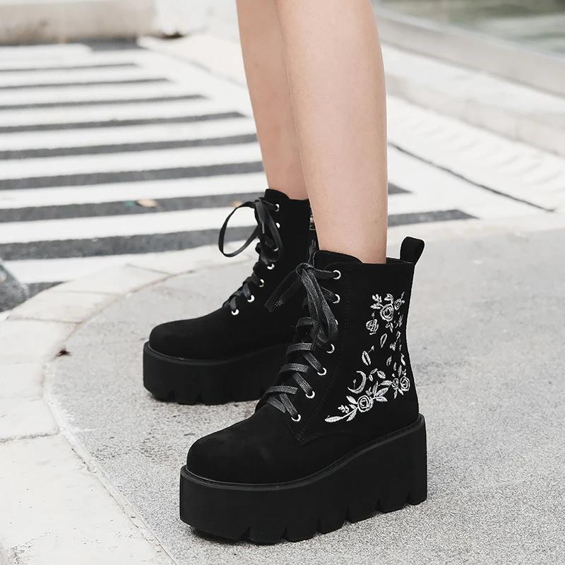 Fashion Fashion Flower Platform Boots Chunky Punk Suede Leather Womens Gothic Shoes Nightclub Lace Up platform shoes