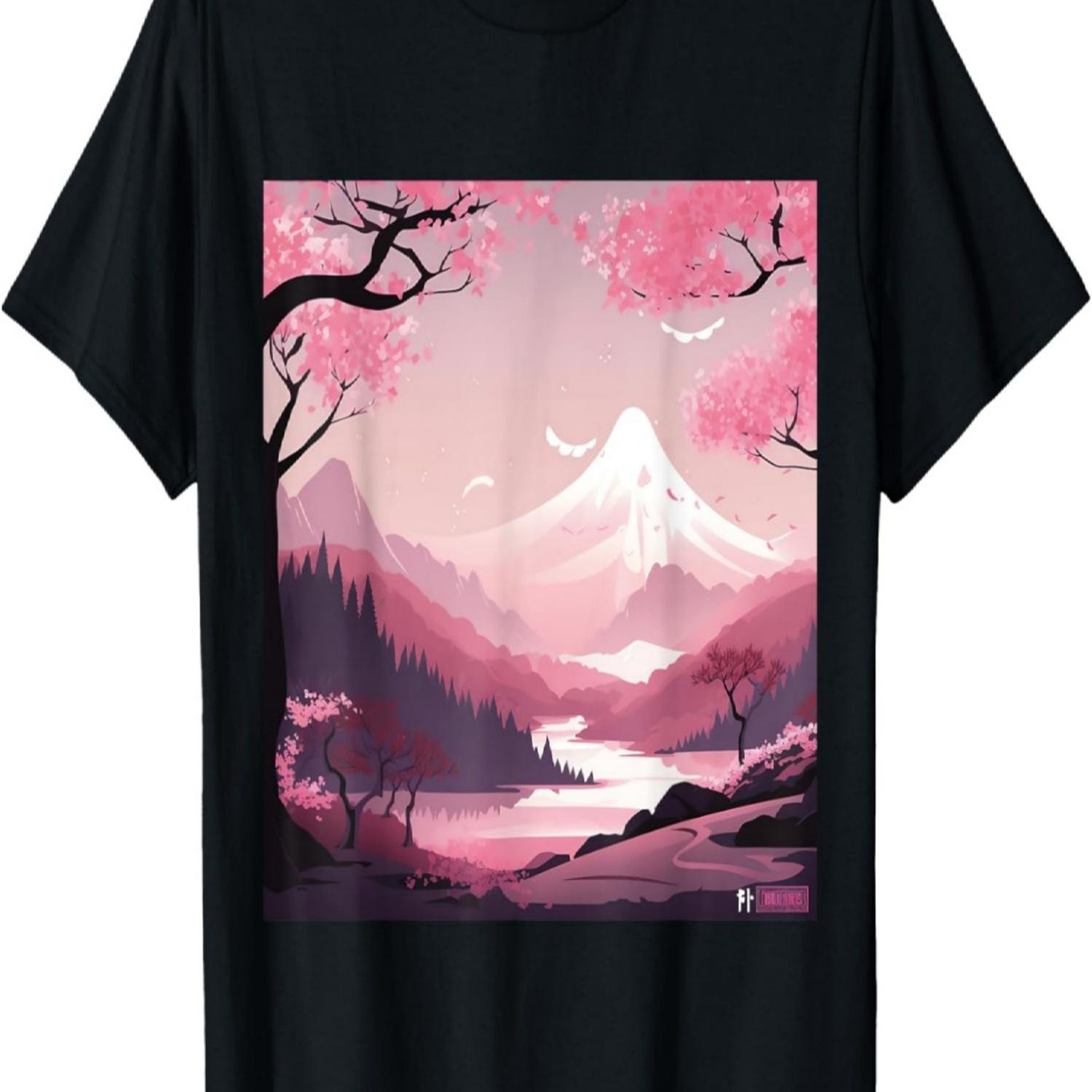 Pink Petals of Tranquility Delicate Cherry Blossom Artwork T-Shirt S чёрный