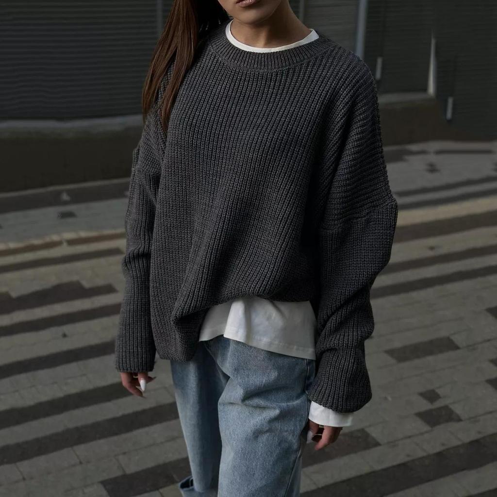 Women's Autumn and Winter Solid Colour Round Neck Loose Knitted Pullover Sweater