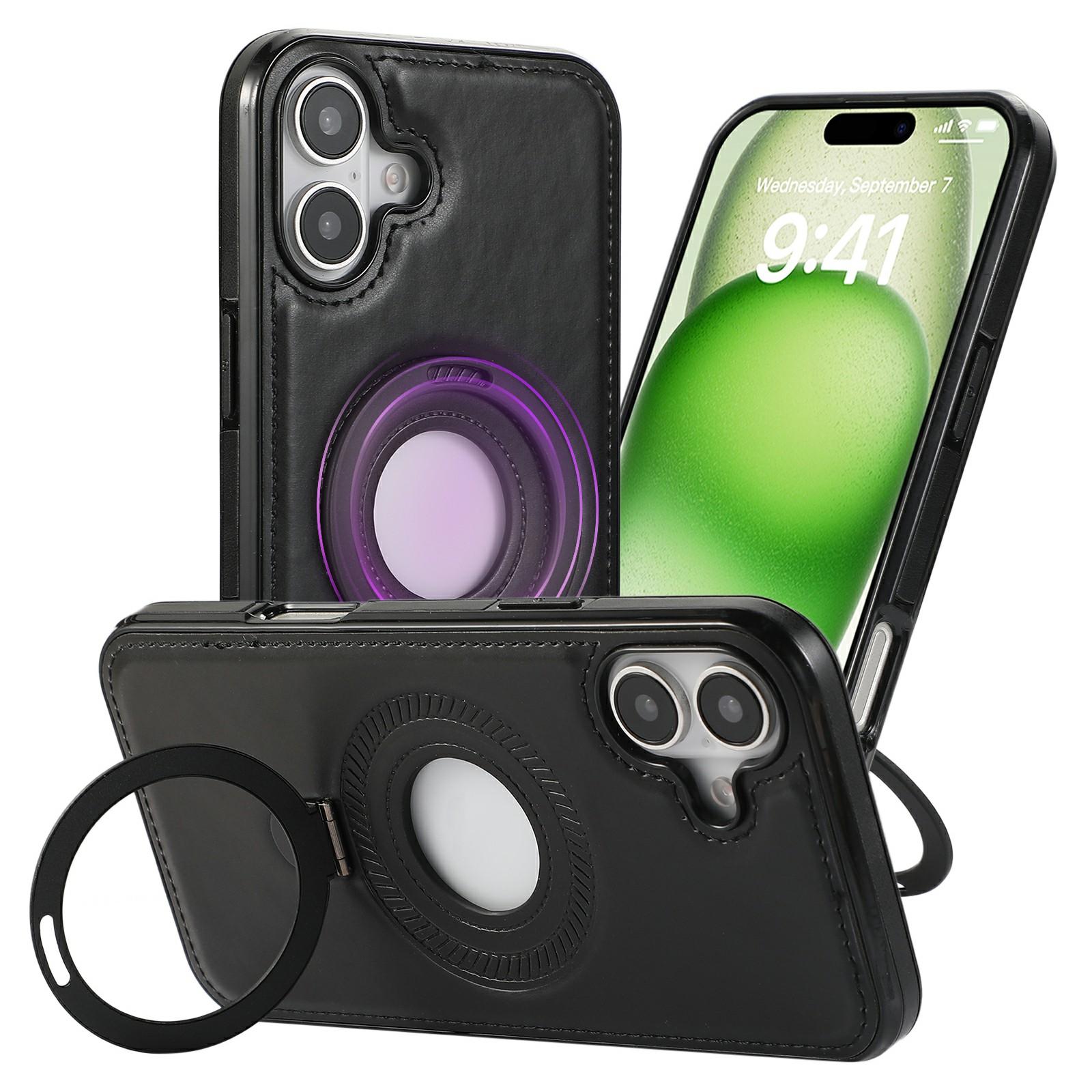 

For iPhone 16 Case Magnetic Kickstand PU Leather Coated PC+TPU Phone Cover Black