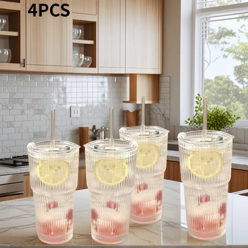 1pcs/2pcs/4pcs Glass Cups with Straws and Lids, Vertical Stripe Pattern, Elegant Home Use for Iced Drinks & Coffee