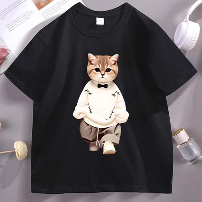 Cool Cat Printed Cotton Short Sleeve Tshirt Streetwear Round Neck Short Sleeve Loose T Shirt Unisex Women Breathable Streetwear