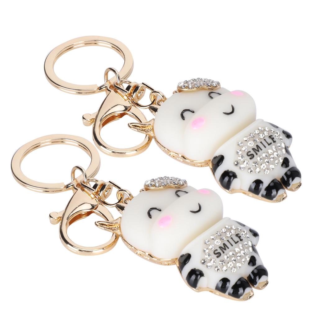 2Pcs Keychain Pendant Cartoon DiamondStudded Resin Small Cow Shape Metal Key   Decoration(White )
