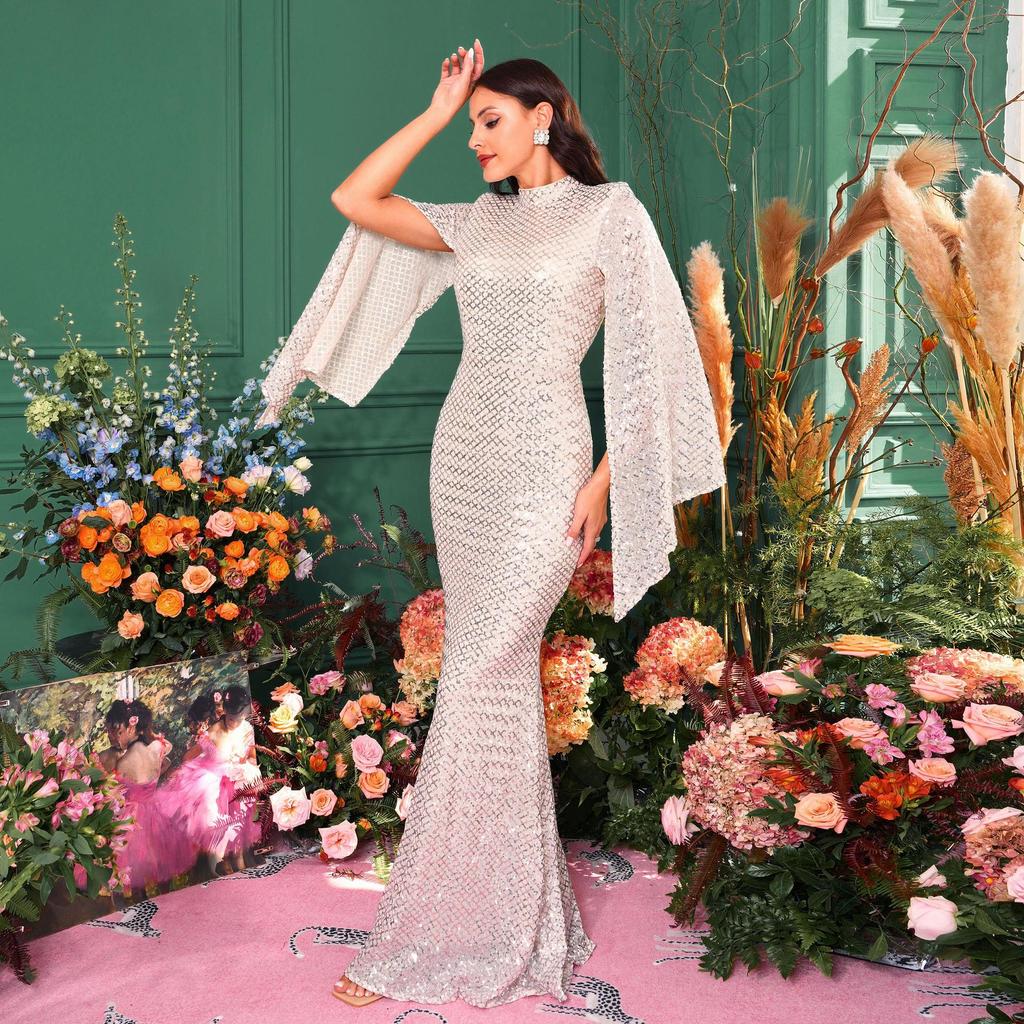 Elegantes Pailletten-Abendkleid mit Rundhalsausschnitt und langen Ärmeln für Brautjungfern