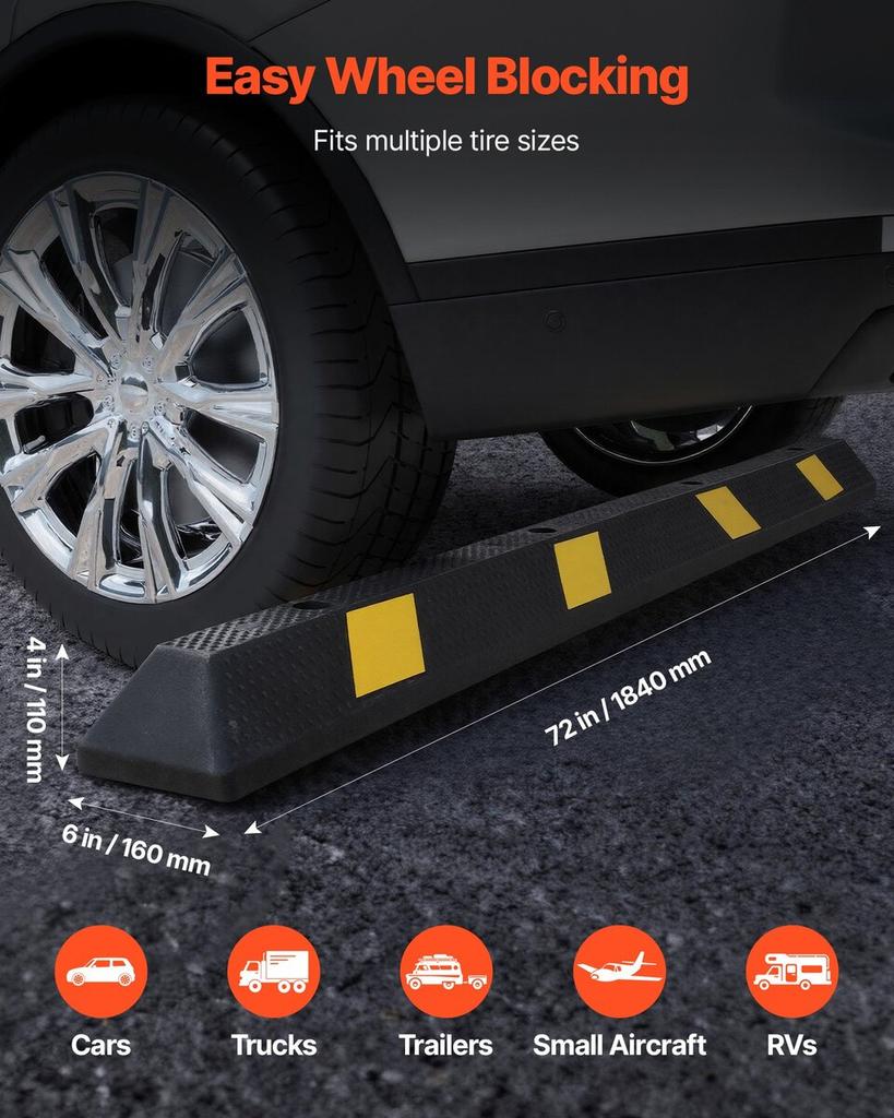 Parking Stopper, 1840 mm 2 Pcs Heavy Duty Parking Aid for Garage, Rubber Curb Garage Floor Stopper with Reflective Strips, Aid Gadgets for Cars Vans