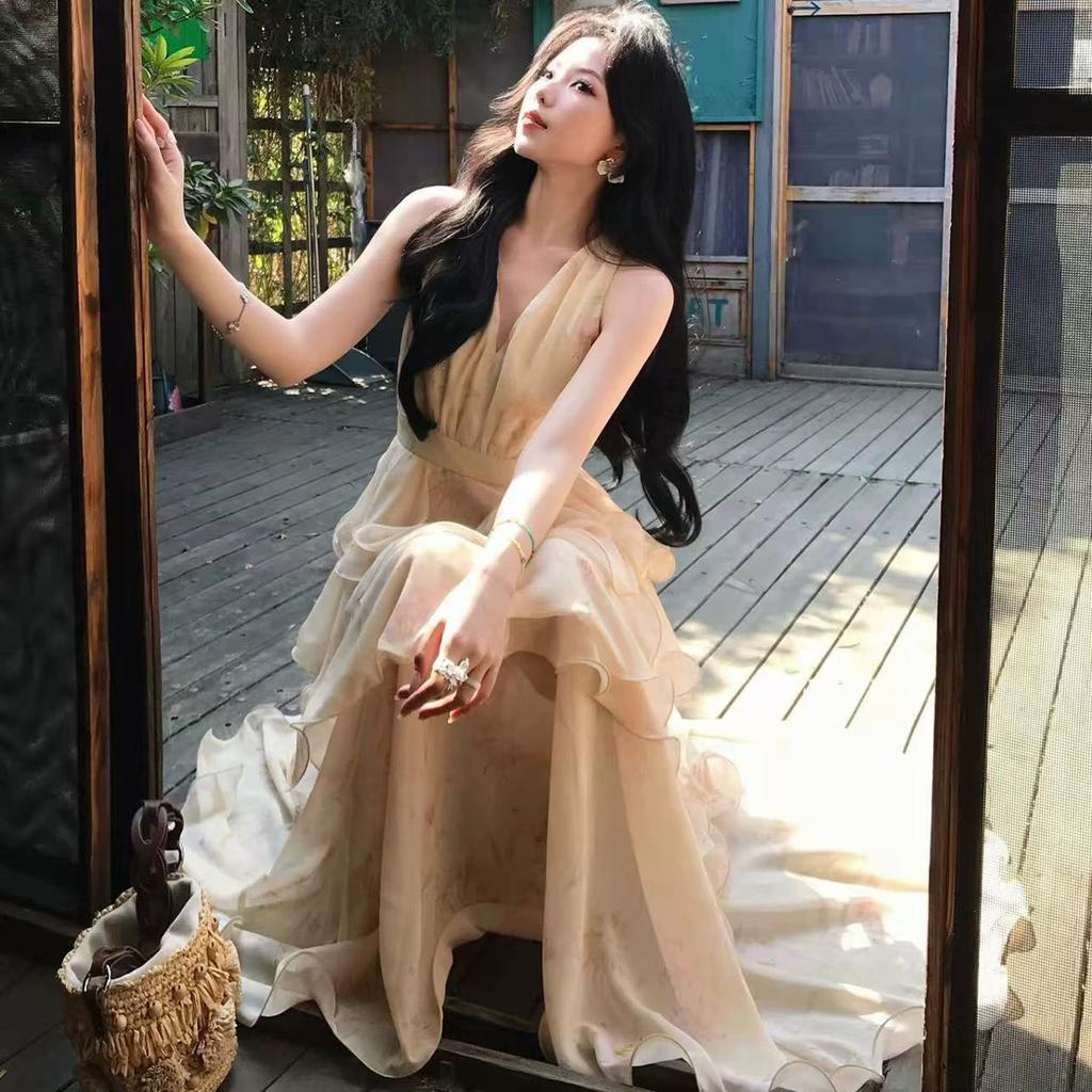 Summer Vacation Floral Printed Halter Chiffon Tiered Maxi Dress for Women Sexy V-Neck Backless Lace-up Ruffles Holiday Long Dress