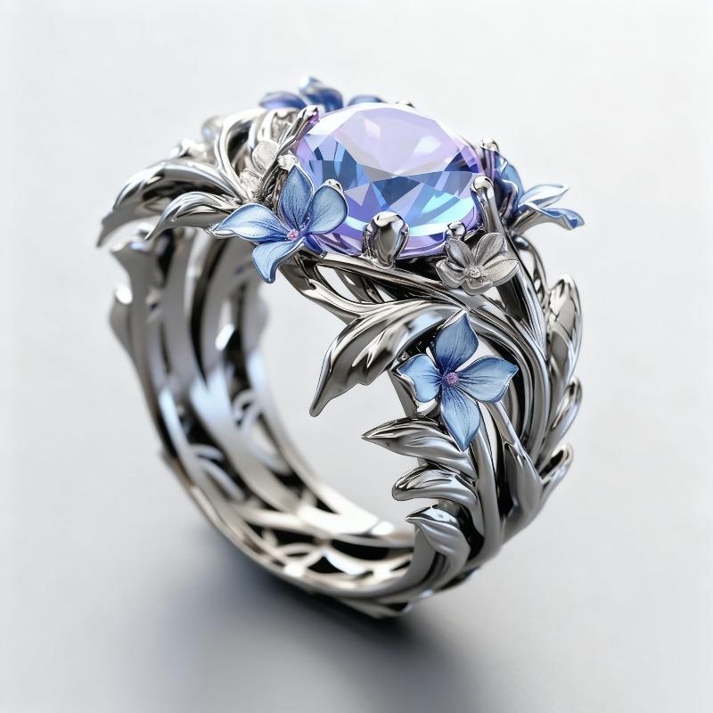 Dazzling Inlaid Imitation Moonstone Enamel Women's Ring CopperColor Hand Carving Flower Party Jewelry Anniversary Gift