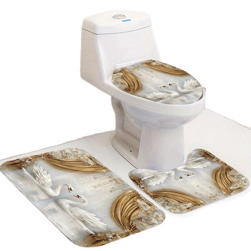 Tume Supply Bathroom Four-Piece Deluxe Gold Swan Curtain Pattern Shower Curtain Floor Mat Toilet Mat Set