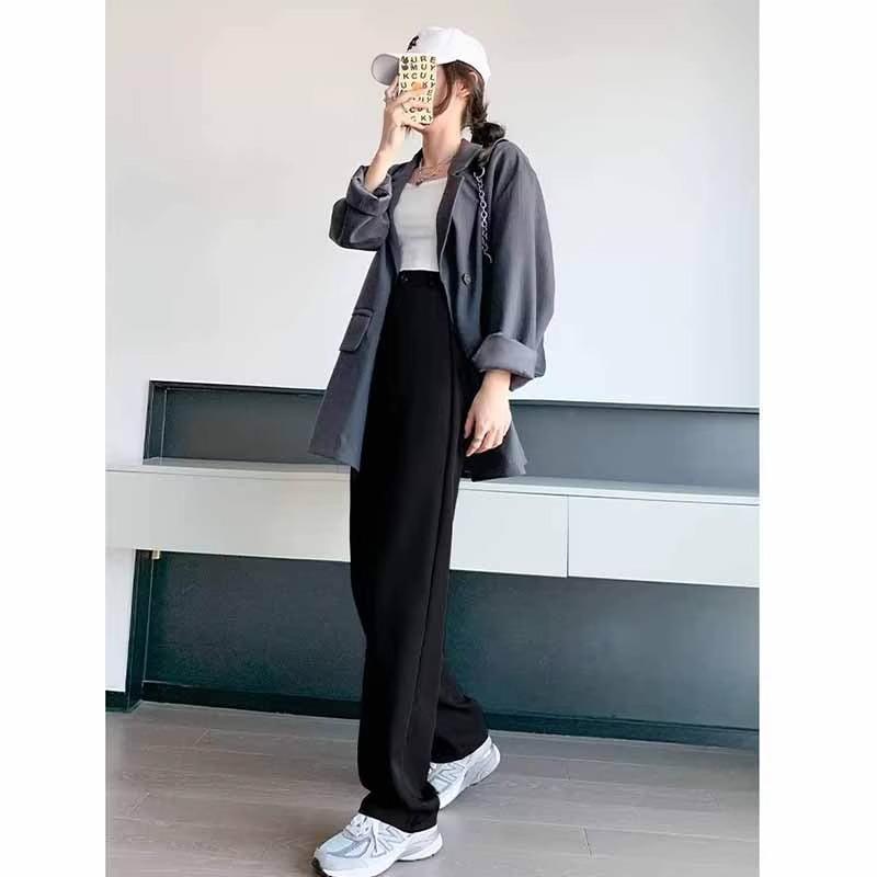 2024 Frühling Damen High-End schwarze Anzughose mit weitem Bein, hohe Taille, bodenlang, lässiger Fall