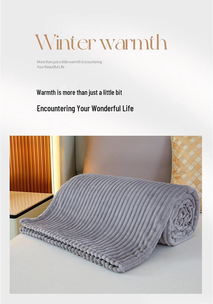 Striped Coral Fleece Flannel Blanket - Air Conditioning Nap Blanket, Solid Color, Ideal Office Gift