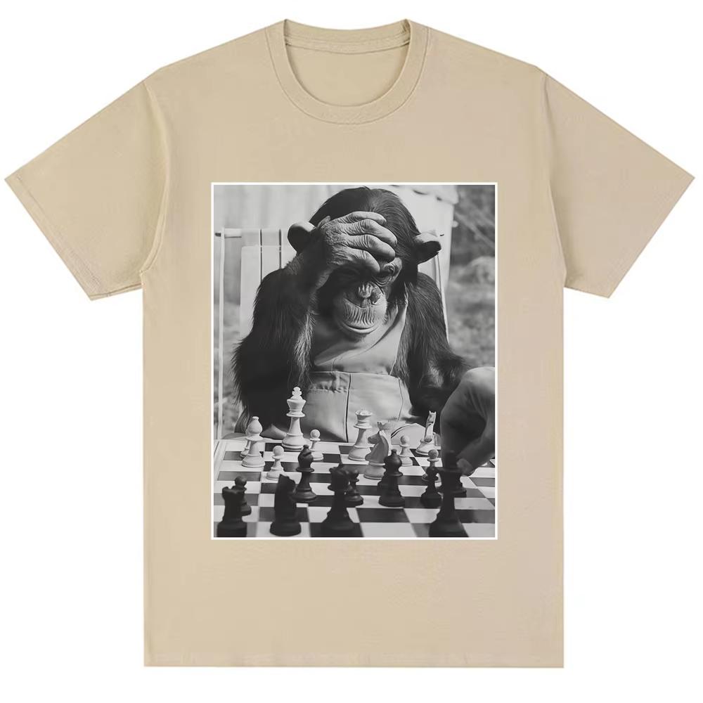 Funny Chimp Playing Chess Meme Graphic Tshirts Unisex Women Vintage Humor Tshirts Oversized Cozy Cotton Casual T Shirt Streetwear