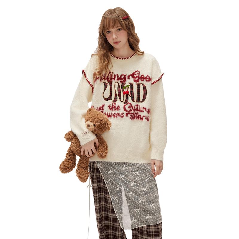 

UNIFREE Letter Jacquard Color-Block Fake Two-Piece Knit Sweater M