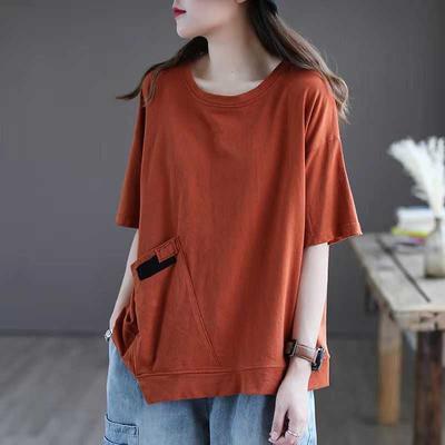 Νέα Καλοκαιρινή Φαρδιά Μπλούζα με Στρογγυλή Λαιμόκοψη για Γυναίκες Λογοτεχνικού Στυλ Μισομάνικη Ασύμμετρη Μπλούζα με Μπαλώματα για Γυναίκες