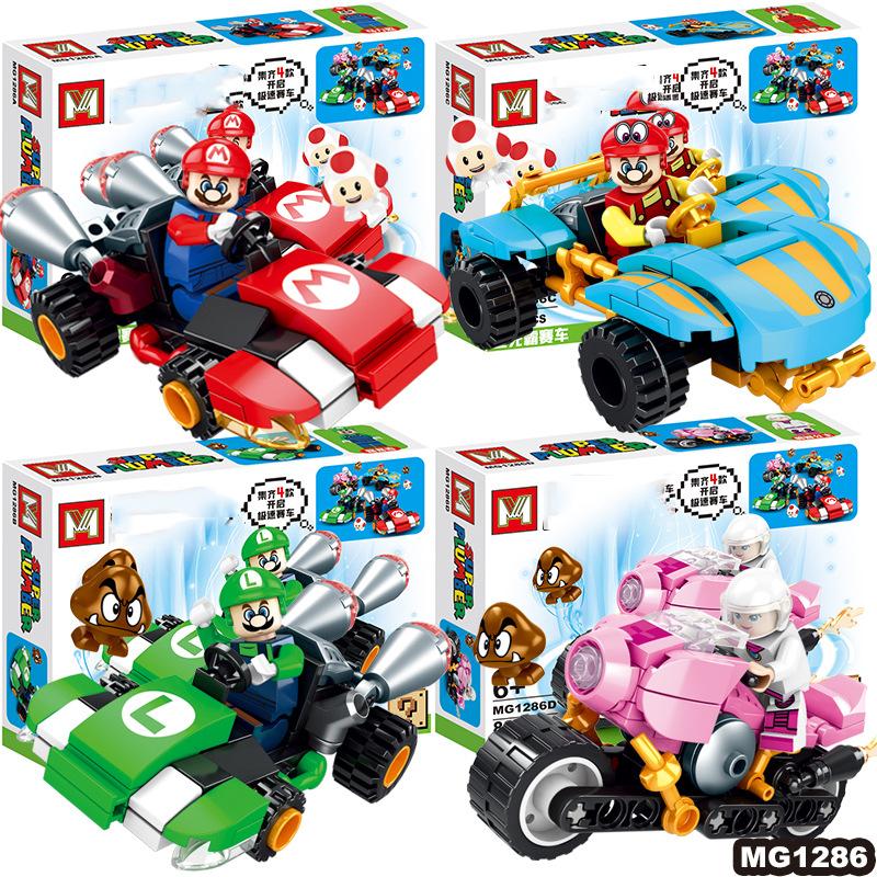 Mario Kart Racing Series Cool Dad King Boy Sports Car Mini Building Blocks Toy Set STEM Educational Creative Toy 4pcs