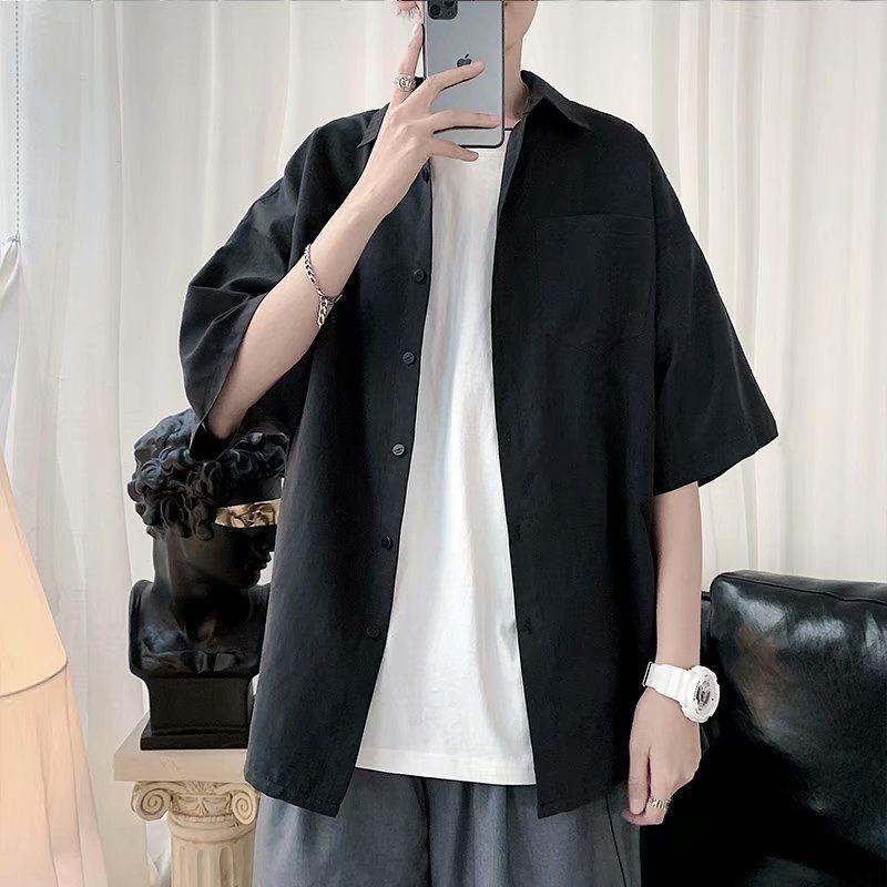 Simplicity Handsome Turn-down Collar Solid Shirts Loose Short Sleeve Button Business Casual Young Style Fashion Men's Clothing